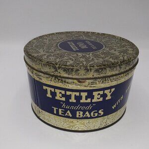 Vintage  Round 100 Bag Tetley Tea Tin Round Metal Silver Navy Blue